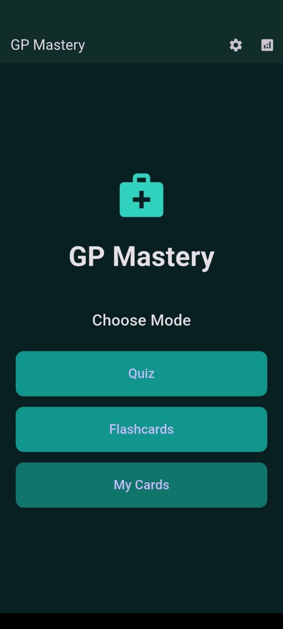 GP Mastery hero screen showing the app title and mode selection